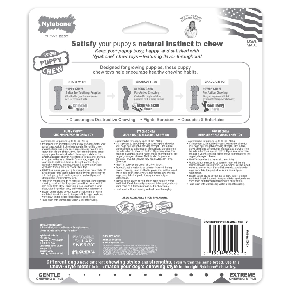 Back view of Nylabone Puppy Chew Stages Triple Pack in packaging