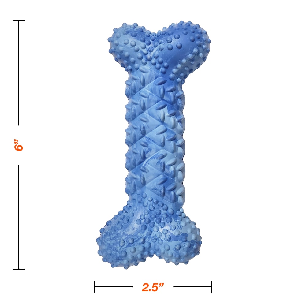 Dimensions for blue textured chew bone.