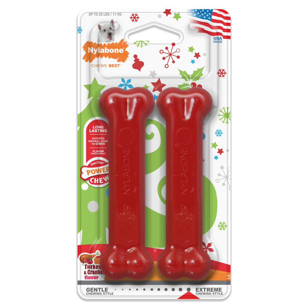Front view of Nylabone Holiday Red Twin Pack Small in packaging