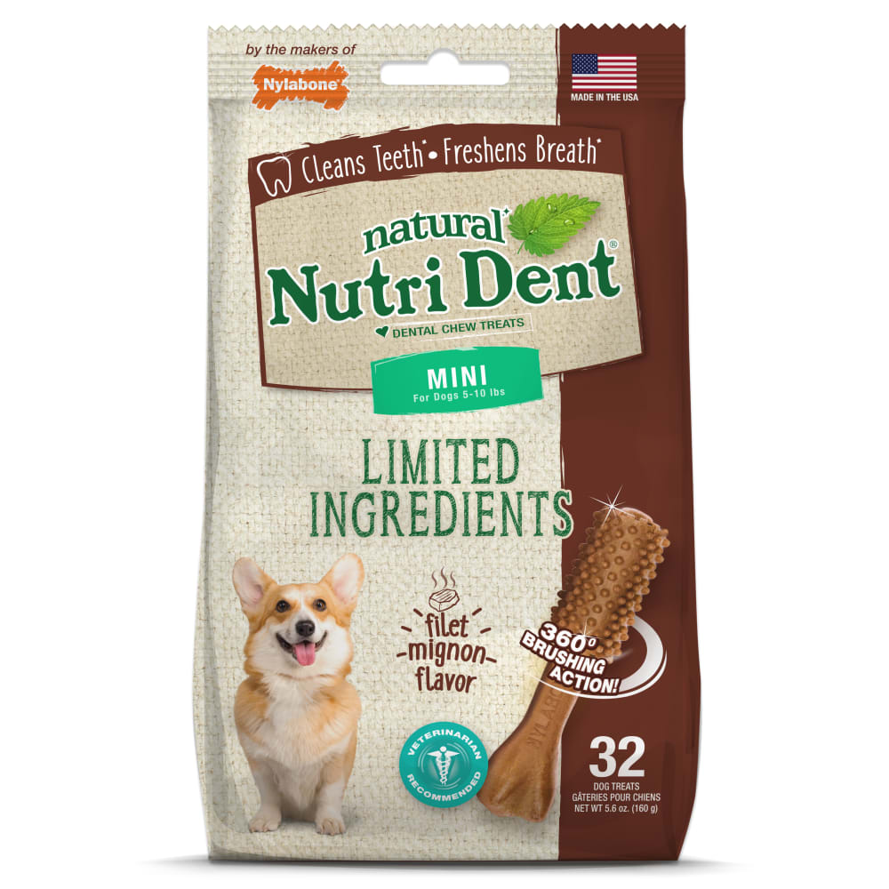 Front view of Nylabone Ntd Filet Mignon 32ct Mini Pouch in packaging