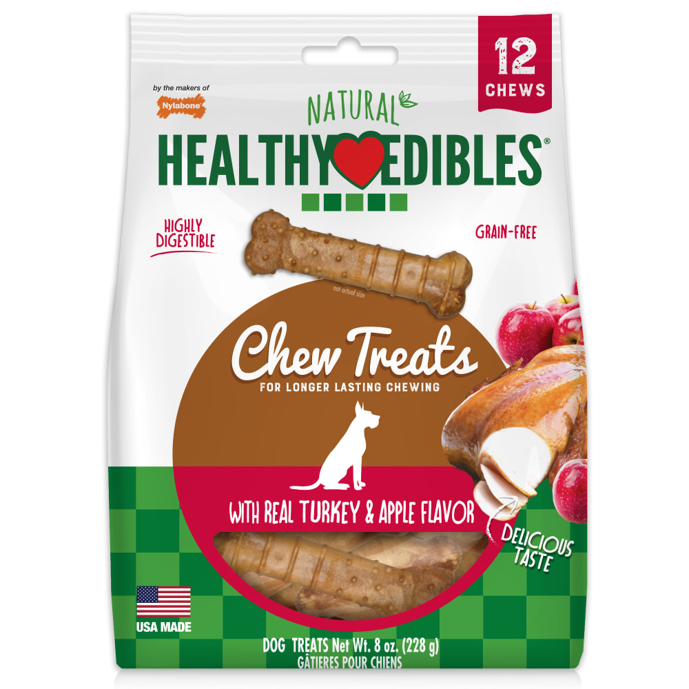 Front view of Nylabone Healthy Edibles Turkey And Apple 12ct Petite in packaging