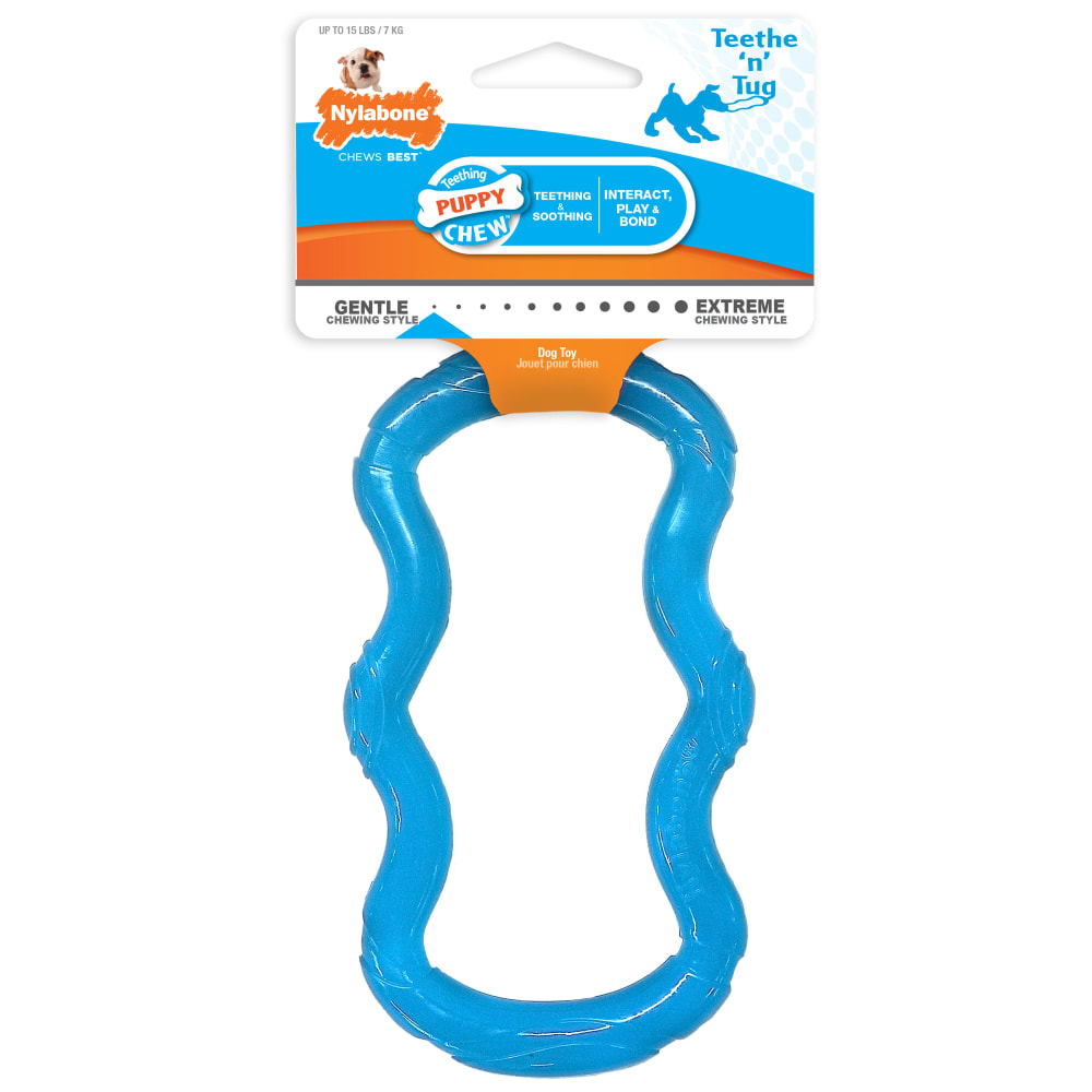 Front view of Nylabone Puppy Tug Toy in packaging