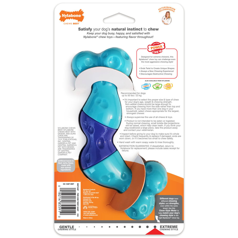 Back view of Nylabone Power Chew Twist N Chew Puzzle Toy in packaging
