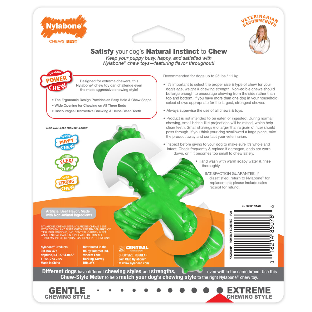 Back view of Nylabone Power Chew Holiday X Bone Reg Green in packaging