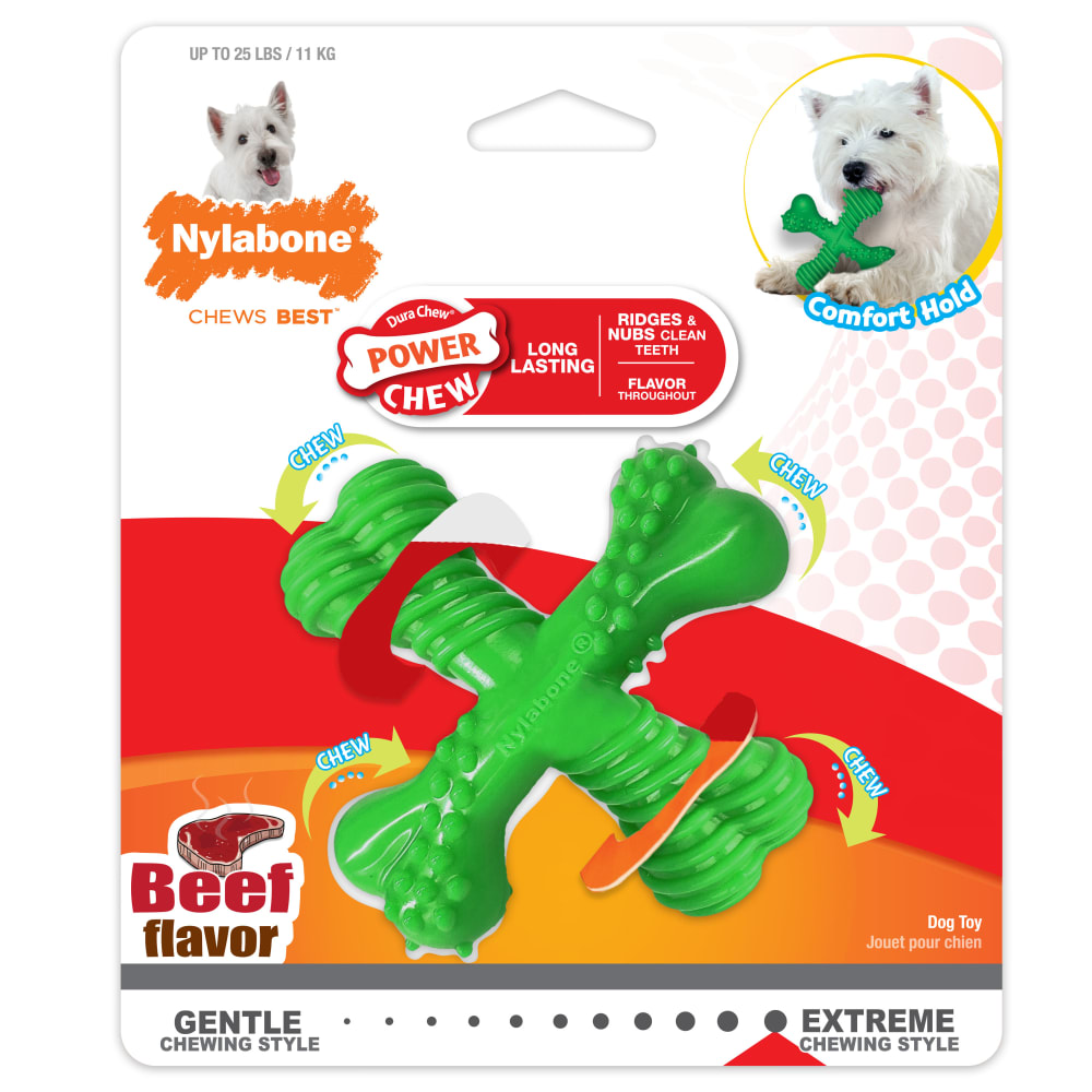 Front view of Nylabone Power Chew Holiday X Bone Reg Green in packaging