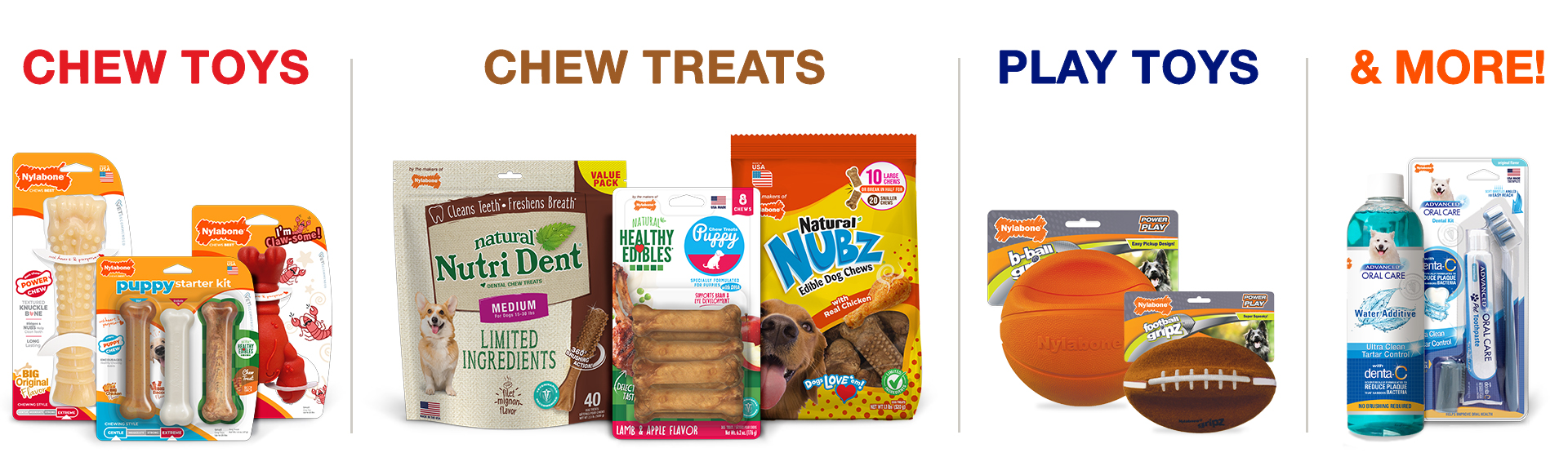 Chew toys, chew treats, and play toys header graphic with various products.